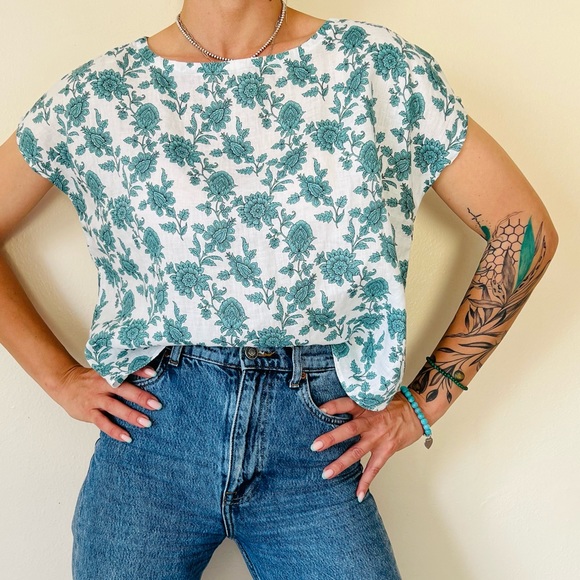 Cynthia Rowley Short Sleeve Floral Print Linen Top - Picture 3 of 7